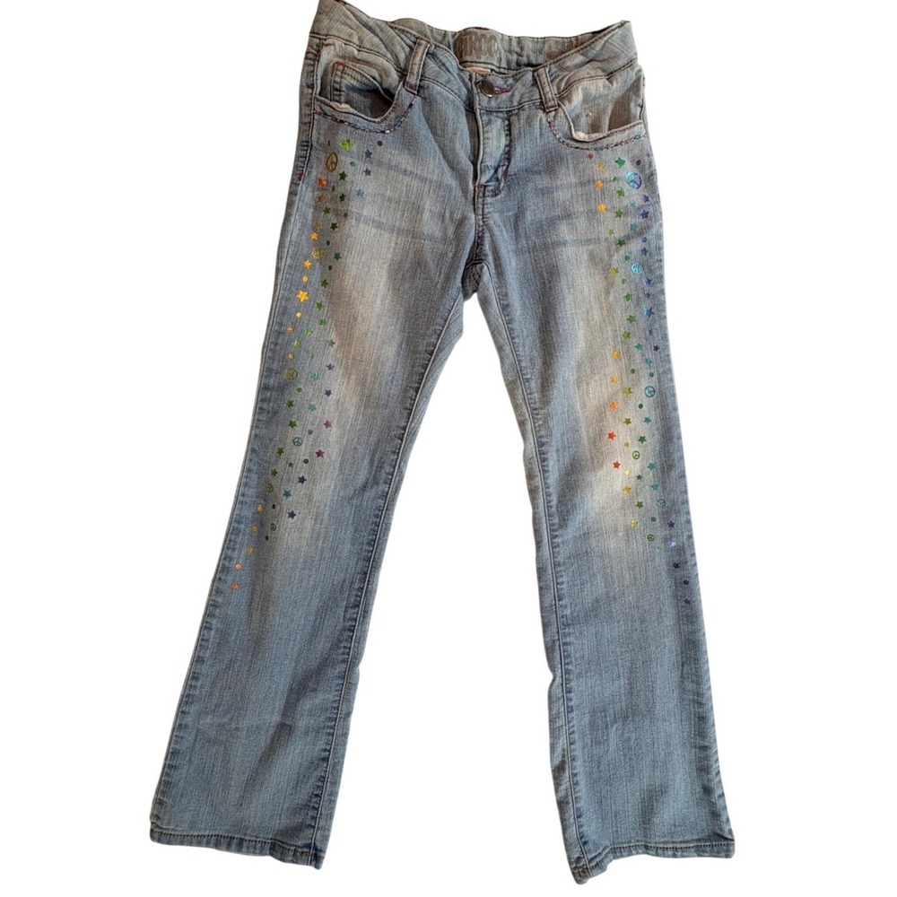 Circo Bootcut Jeans Girls Size 12 Blue Rainbow Star Peace Sign Stretch Denim